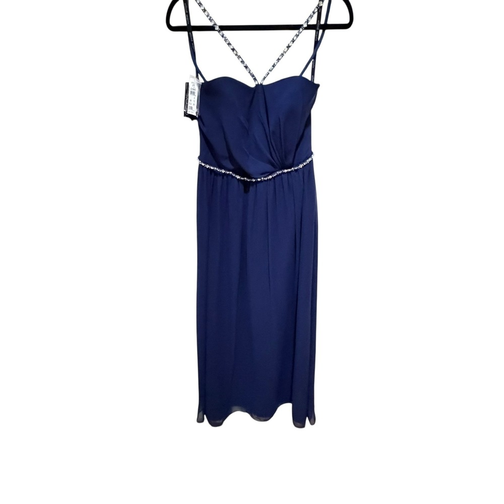 Alfred Angelo Gown Women 8 Navy Blue New 8103L Rhinestone Chiffon Formal Dress - Picture 1 of 13